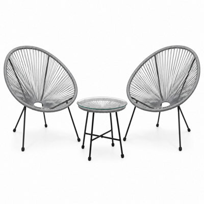 Shopnbits 3 Piece Acapulco Egg Chair Bistro Set Grey Outdoor Garden Furniture Set With Glass Coffee Table Patio Balcony Conservato - image 1