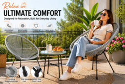 Shopnbits 3 Piece Acapulco Egg Chair Bistro Set Grey Outdoor Garden Furniture Set With Glass Coffee Table Patio Balcony Conservato - thumbnail 4