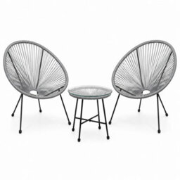 Shopnbits 3 Piece Acapulco Egg Chair Bistro Set Grey Outdoor Garden Furniture Set With Glass Coffee Table Patio Balcony Conservato - thumbnail 1