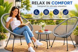 Shopnbits 3 Piece Acapulco Egg Chair Bistro Set Grey Outdoor Garden Furniture Set With Glass Coffee Table Patio Balcony Conservato - thumbnail 7