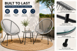 Shopnbits 3 Piece Acapulco Egg Chair Bistro Set Grey Outdoor Garden Furniture Set With Glass Coffee Table Patio Balcony Conservato - thumbnail 6