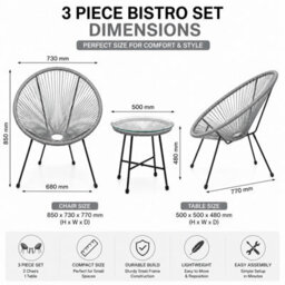 Shopnbits 3 Piece Acapulco Egg Chair Bistro Set Grey Outdoor Garden Furniture Set With Glass Coffee Table Patio Balcony Conservato - thumbnail 2