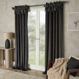 "Ohs Pair Of Bow Décor Velvet Eyelet Curtains Ready Made, Grey - 66 X 72""" - thumbnail 1