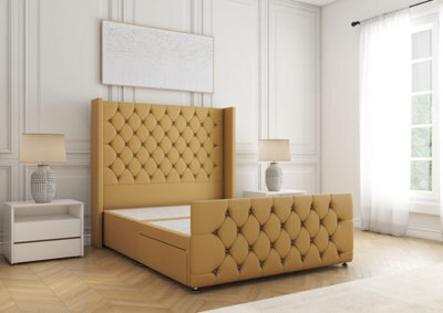 Bsspoke Divan Base Bed Set Mustard Plush Velvet With 54Inch Headboard & Footboard No Drawers No Mattress In Double 3Ft 4Ft 5Ft 6Ft - image 1