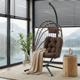 Brown -Four Claws Stand Rattan Swing Egg Chair Garden Hanging Indoor Outdoor Patio Hammock With Cushion - thumbnail 5