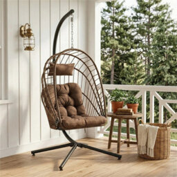 Brown -Four Claws Stand Rattan Swing Egg Chair Garden Hanging Indoor Outdoor Patio Hammock With Cushion - thumbnail 6
