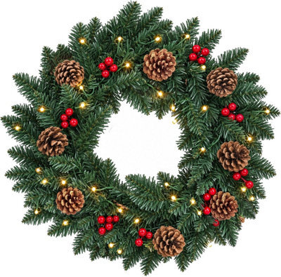Vivo Technologies 45Cm Pre-Lit Christmas Wreath With 35 Warm Led Lights Pine Cones & Red Berries - image 1