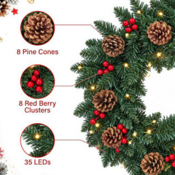 Vivo Technologies 45Cm Pre-Lit Christmas Wreath With 35 Warm Led Lights Pine Cones & Red Berries - thumbnail 5