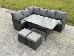 Fimous Outdoor Rattan Garden Furniture Corner Sofa Set With Rectangular Dining Table 2 Small Footstools Patio Wicker Rattan Set - thumbnail 1