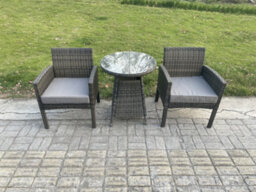 Fimous Wicker Pe Outdoor Rattan Garden Furniture Arm Chair And Table Dining Sets 2 Seater Small Round Table Dark Grey Mixed - thumbnail 1