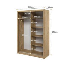 Arte Charming Oak Artisan Lux 18 Sliding Door Wardrobe H2150mm W1500mm D600mm With Mirrored Panels - thumbnail 6