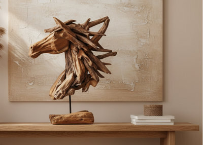 Underfoot Handcrafted Teak Horse Head Sculpture Natural Wood Ornament 81 Cm - image 1