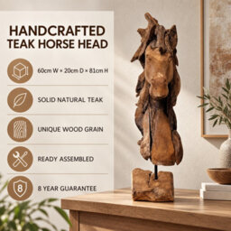 Underfoot Handcrafted Teak Horse Head Sculpture Natural Wood Ornament 81 Cm - thumbnail 2
