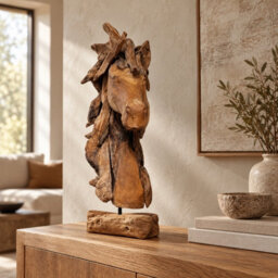 Underfoot Handcrafted Teak Horse Head Sculpture Natural Wood Ornament 81 Cm - thumbnail 3