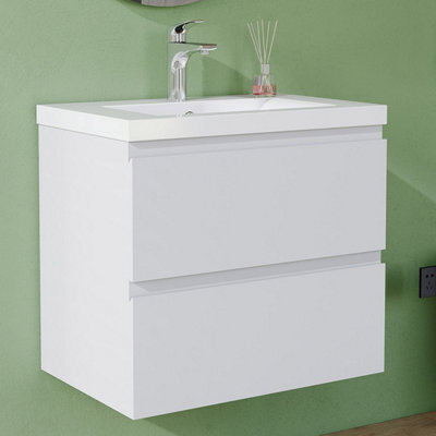AVER-GROWTH 600mm Wall Hung Vanity Unit With Basin Matt White Resin Sink Bathroom Wall Mounted Storage Cabinet Soft Close Hinges 2 Drawers - image 1