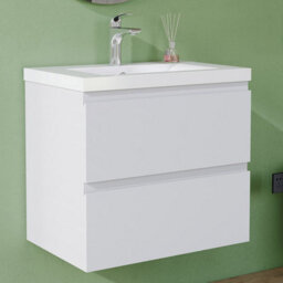 AVER-GROWTH 600mm Wall Hung Vanity Unit With Basin Matt White Resin Sink Bathroom Wall Mounted Storage Cabinet Soft Close Hinges 2 Drawers - thumbnail 1