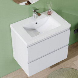 AVER-GROWTH 600mm Wall Hung Vanity Unit With Basin Matt White Resin Sink Bathroom Wall Mounted Storage Cabinet Soft Close Hinges 2 Drawers - thumbnail 3