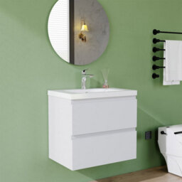 AVER-GROWTH 600mm Wall Hung Vanity Unit With Basin Matt White Resin Sink Bathroom Wall Mounted Storage Cabinet Soft Close Hinges 2 Drawers - thumbnail 2