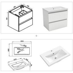 AVER-GROWTH 600mm Wall Hung Vanity Unit With Basin Matt White Resin Sink Bathroom Wall Mounted Storage Cabinet Soft Close Hinges 2 Drawers - thumbnail 7