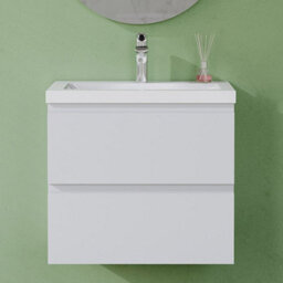 AVER-GROWTH 600mm Wall Hung Vanity Unit With Basin Matt White Resin Sink Bathroom Wall Mounted Storage Cabinet Soft Close Hinges 2 Drawers - thumbnail 6