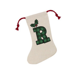 Purely Home Green Tartan Alphabet Letter R Stocking - Novelty Initial Xmas Gift Linen-Style With Red Drawstring Ties - thumbnail 2
