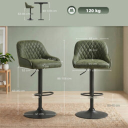 Homcom Bar Stools Set Of 2 Adjustable Swivel Counter Height Dark Green - thumbnail 3