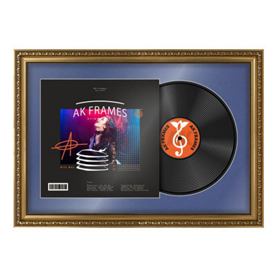 "AK Frames 25X17"" Gold Ornate Vinyl Record Frame With Blue Mount For 12 Inch Lp Cover & Disc - Overlapped Design" - image 1