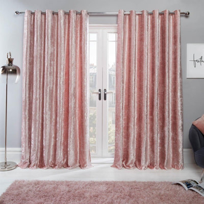 "Ohs Crushed Velvet Eyelet Ring Top Pair Of Fully Lined Curtains - Blush Pink, 66"" X 90""" - image 1