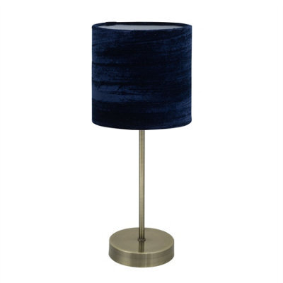 First Choice Lighting Antique Brass Stick Table Lamp With Navy Blue Crushed Velvet Shade - image 1