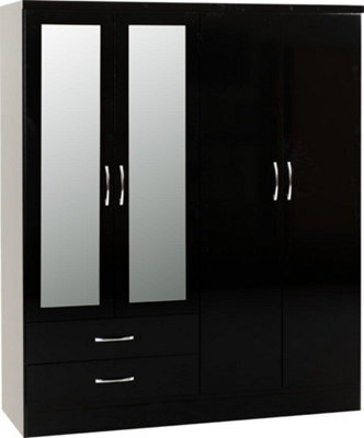 Seconique Nevada 4 Door 2 Drawer Mirrored Wardrobe In Black Gloss Finish - image 1
