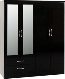 Seconique Nevada 4 Door 2 Drawer Mirrored Wardrobe In Black Gloss Finish - thumbnail 1