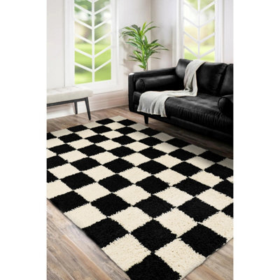 Melrose Super Soft Venus Shaggy Snuggly Checked Black & White Area Rug 160/230Cm - image 1