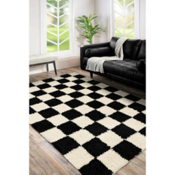 Melrose Super Soft Venus Shaggy Snuggly Checked Black & White Area Rug 160/230Cm - thumbnail 1