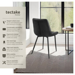 Tectake Set Of 6 Dining Chair Monroe - Padded, Velvet Look, Ergonomic Seat, Black Steel Legs  - Black - thumbnail 2