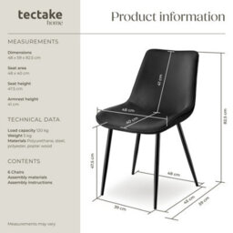 Tectake Set Of 6 Dining Chair Monroe - Padded, Velvet Look, Ergonomic Seat, Black Steel Legs  - Black - thumbnail 6