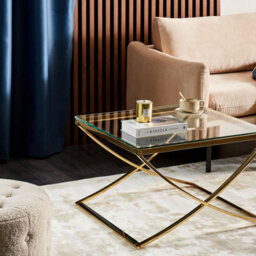 Beliani Glass Top Coffee Table Gold X Framed - 70 X 70 Cm Square Centre Table - thumbnail 2