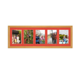 AK Frames 26X8 Country Pine Classic Multi Photo Frame With Poppy Red Mount - Holds 5 Apertures (5X) 6X4 Photos