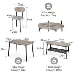 Vonhaus Dining Room Set, 4 Seater Grey Dining Table And Chairs Set, Rectangular Concrete Effect Kitchen Table With Bench, Murray - thumbnail 8