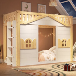 Abrihome White & Natural Wooden House Bunk Bed With Window Design & Under-Bed Space For Sleep Or Play, 90X190Cm