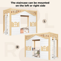 Abrihome White & Natural Wooden House Bunk Bed With Window Design & Under-Bed Space For Sleep Or Play, 90X190Cm - thumbnail 3