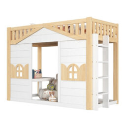 Abrihome White & Natural Wooden House Bunk Bed With Window Design & Under-Bed Space For Sleep Or Play, 90X190Cm - thumbnail 7