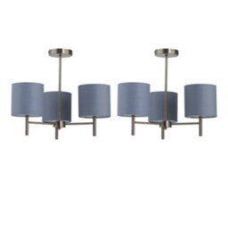 First Choice Lighting Set Of 2 Brea - Antique Brass 3 Light Fittings With Grey Cotton Shades