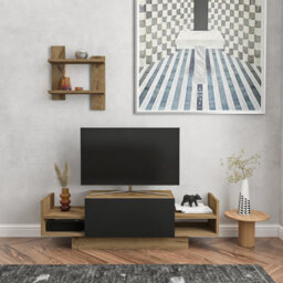 Decorotika Modern Bahara Tv Stand With Shelves Oud And Black - thumbnail 1