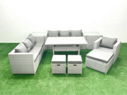 Fimous 9 Pieces Outdoor Rattan Sofa Set Cushions Patio Garden Furniture Sets Armchair Dining Table 2 Side Tables 3 Stools - thumbnail 2