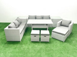 Fimous 9 Pieces Outdoor Rattan Sofa Set Cushions Patio Garden Furniture Sets Armchair Dining Table 2 Side Tables 3 Stools - thumbnail 1
