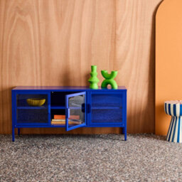 Sweeek - Industrial Metal And Tempered Glass Tv Stand With 3 Doors 120Cm Blue 120X35X55 Cm - Arkansas - thumbnail 4