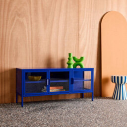 Sweeek - Industrial Metal And Tempered Glass Tv Stand With 3 Doors 120Cm Blue 120X35X55 Cm - Arkansas - thumbnail 6