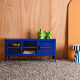 Sweeek - Industrial Metal And Tempered Glass Tv Stand With 3 Doors 120Cm Blue 120X35X55 Cm - Arkansas - thumbnail 1
