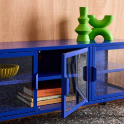 Sweeek - Industrial Metal And Tempered Glass Tv Stand With 3 Doors 120Cm Blue 120X35X55 Cm - Arkansas - thumbnail 9