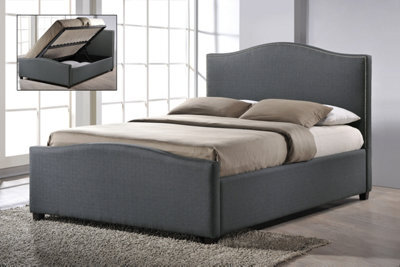 "TL Beds Chrome Studded Grey Fabric Side Ottoman Style Bed Frame - Double 4Ft 6"""